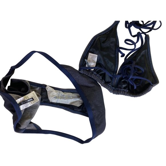 Navy Blue Halter Triangle Bikini XL Fashion Nova Sexy Denim Jean Look‎ Y2K Beach - Picture 5 of 11